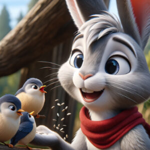Célestin, le lapin charmant, rit et partage des graines avec ses amis oiseaux, une scène qui dépeint son empathie naturelle.