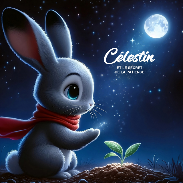 Couverture du livre "Célestin et le Secret de la Patience" avec Célestin observant une jeune fleur sous la lumière de la lune.
