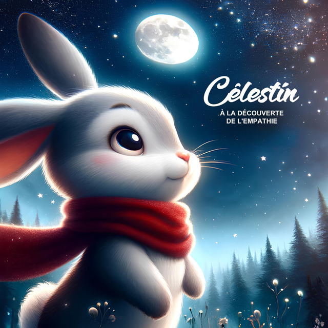 Couverture du livre "Célestin à la Découverte de l'Empathie" montrant un jeune lapin contemplatif sous une lune brillante dans une forêt enchantée.