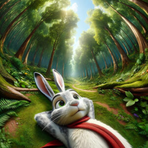 Célestin le lapin découvre un chemin sinueux à travers une forêt lumineuse et accueillante.