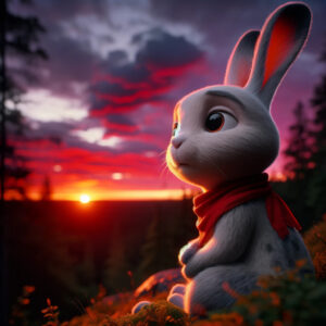 Célestin, le lapin aventurier, contemple un coucher de soleil flamboyant, réfléchissant sur les leçons d'empathie qu'il a apprises.