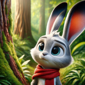 Célestin, le lapin curieux, regarde avec admiration la forêt, évoquant les thèmes d'aventure et de découverte.